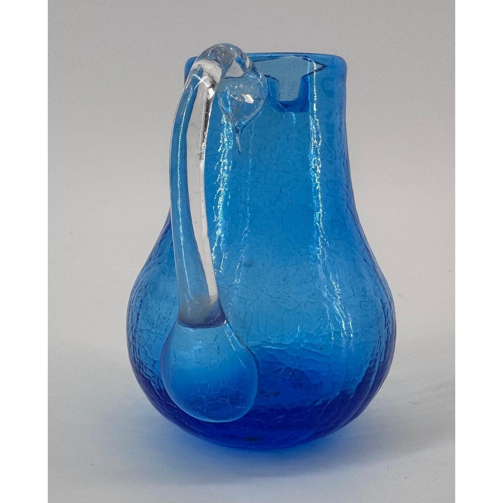Blenko or Pilgrim Style Cobalt Crackle Glass Pitcher Decor Creamer Jug 3.5 in - Picture 4 of 9